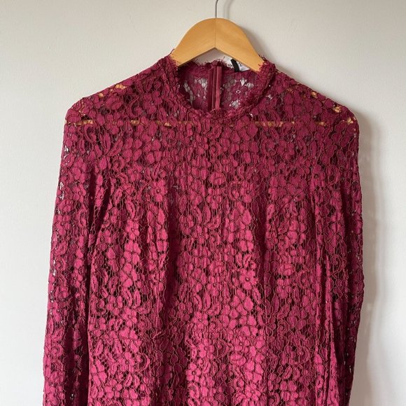 Bardot Floral Lace Long Split Sleeve Dress Red Sz L/10 - Picture 2 of 7